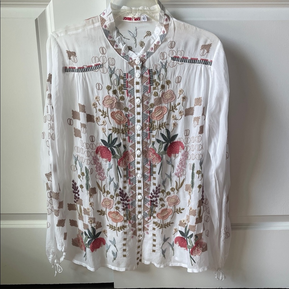 Johnny Was White Cotton Blouse with Pink and Green Floral Embroidery